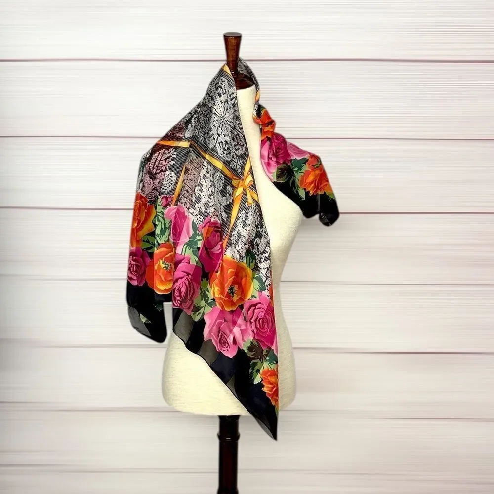 Vintage Nina Ricci Silk Scarf Black with Roses Floral and Lace Print 34x34